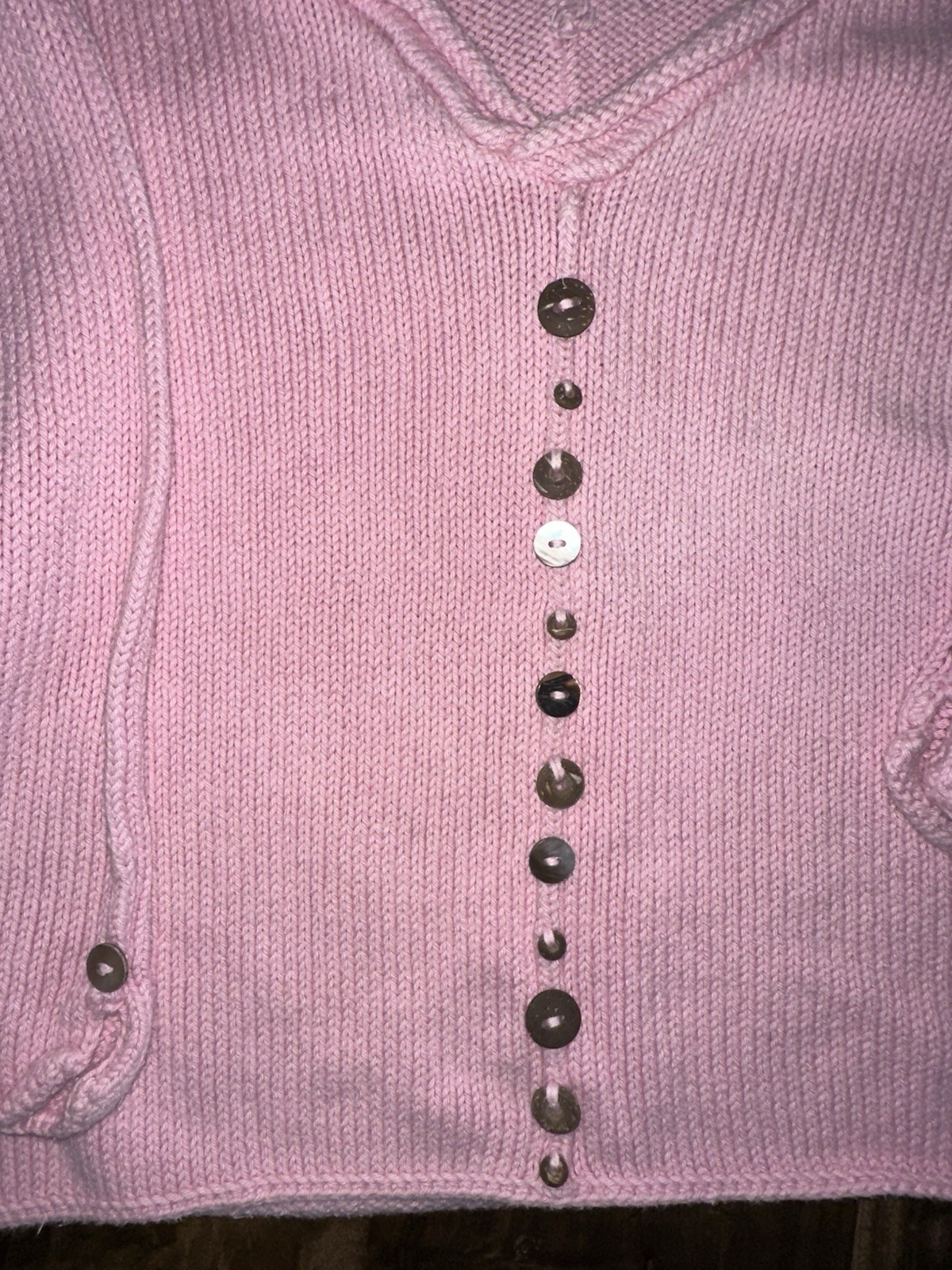 Pure Handknit Womens S/M Pink Knit V-Neck Long Sleeve Button Sweater Girly