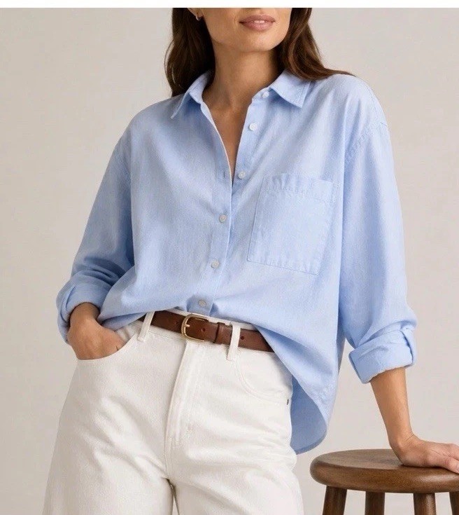Quince Women Organic Cotton Relaxed Oxford Shirt Pale Blue Sleeved Top S