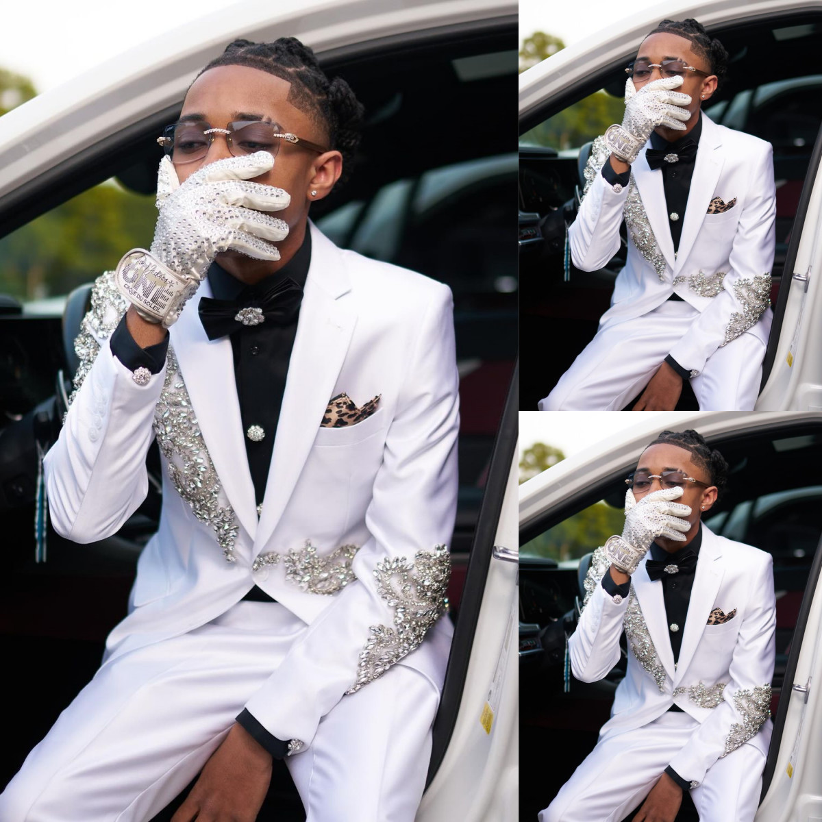 White Beading Luxury Men’s Suits 2Pcs Birthday Party Jacket Notch Lapel Coat