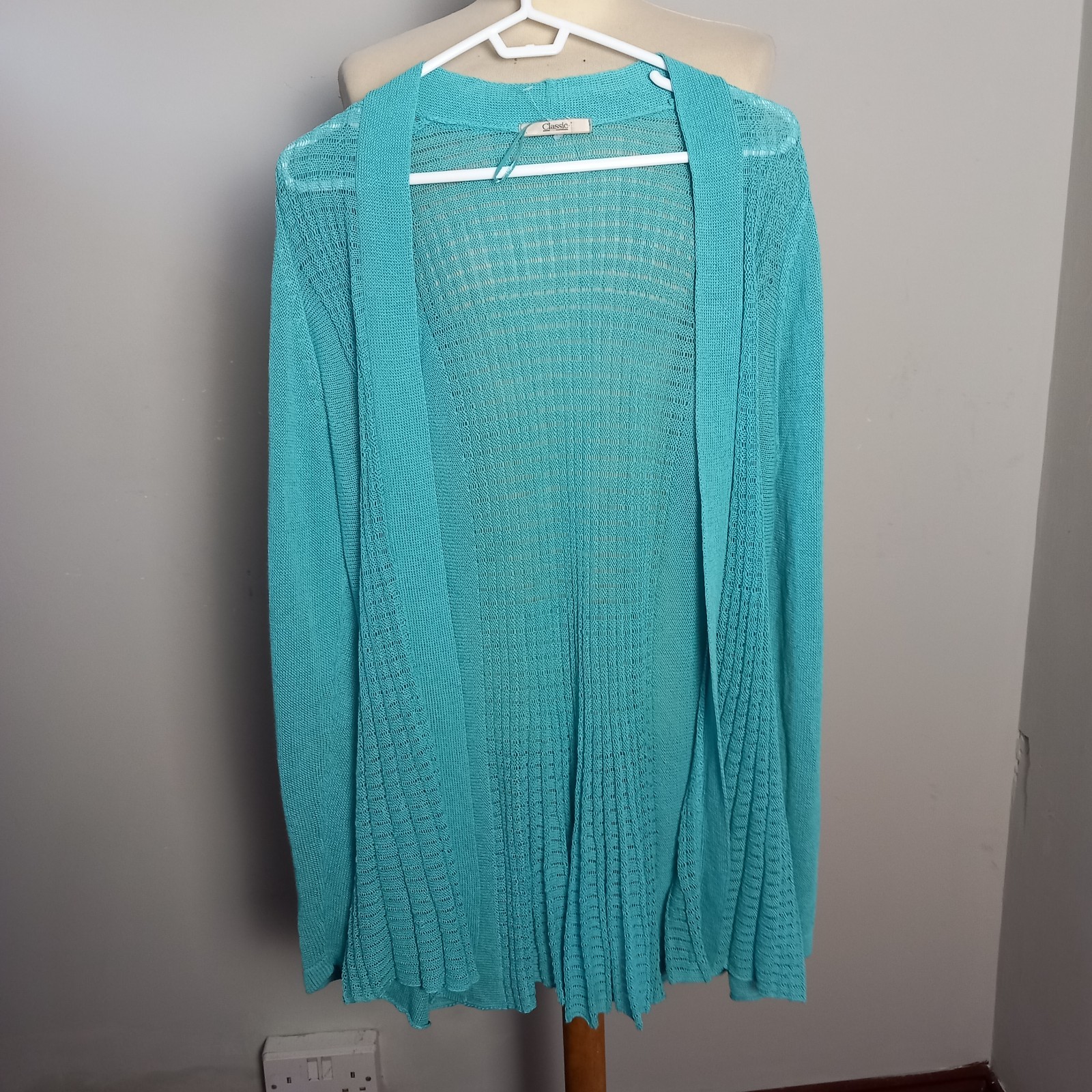 M&S Knitted Cardigan Turquoise Lacy Lace open Front UK Size 14