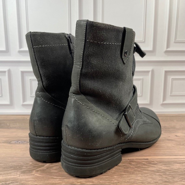 ABEO Verity Leather Combat/Moto Boots Lace Up Buckle Accent EUC Gray Size 9.5N