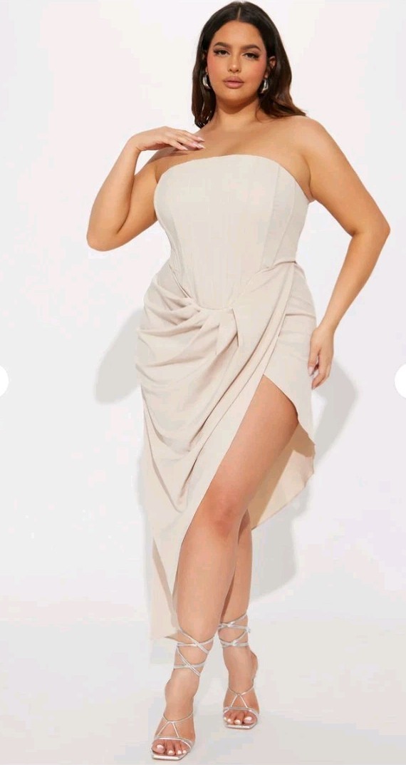 Fashion Nova Women’s Beige Strapless Corset Hi-Low Maxi Dress Slit Plus 2XL
