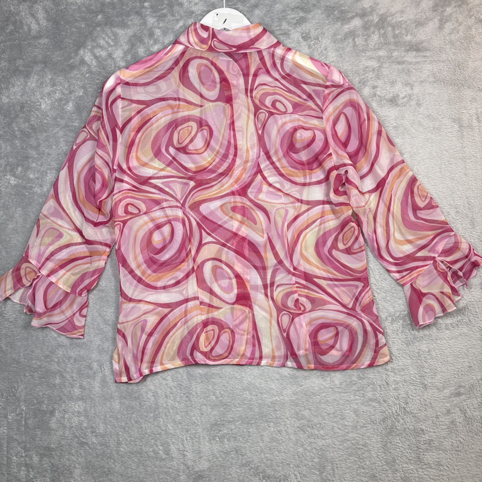 Nicola Button Blouse Women Small Pink Swirl Psychedelic 3/4 Sleeve Ruffle Cuff