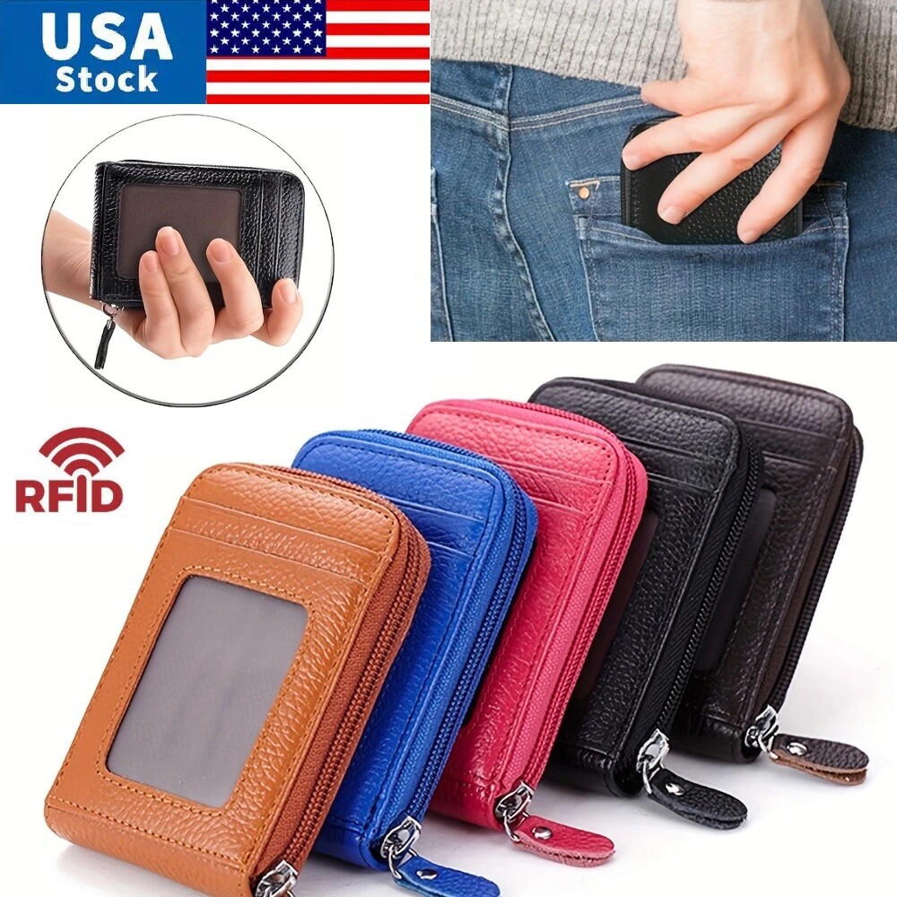 Genuine Leather Men Women Wallet Credit Card Holder RFID Blocking Zipper Pocket