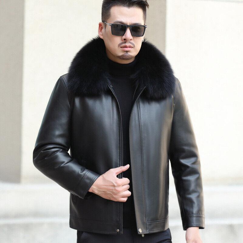 Mens Formal Elegant Faux Fur Collar Leather Loose Zipper Jacket Winter Down Coat