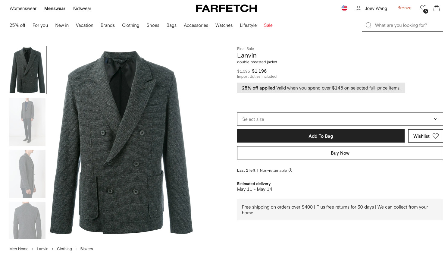 Lanvin Men’s Deconstructed Double-Breasted Blazer Jacket In Grey Size 48R $1595