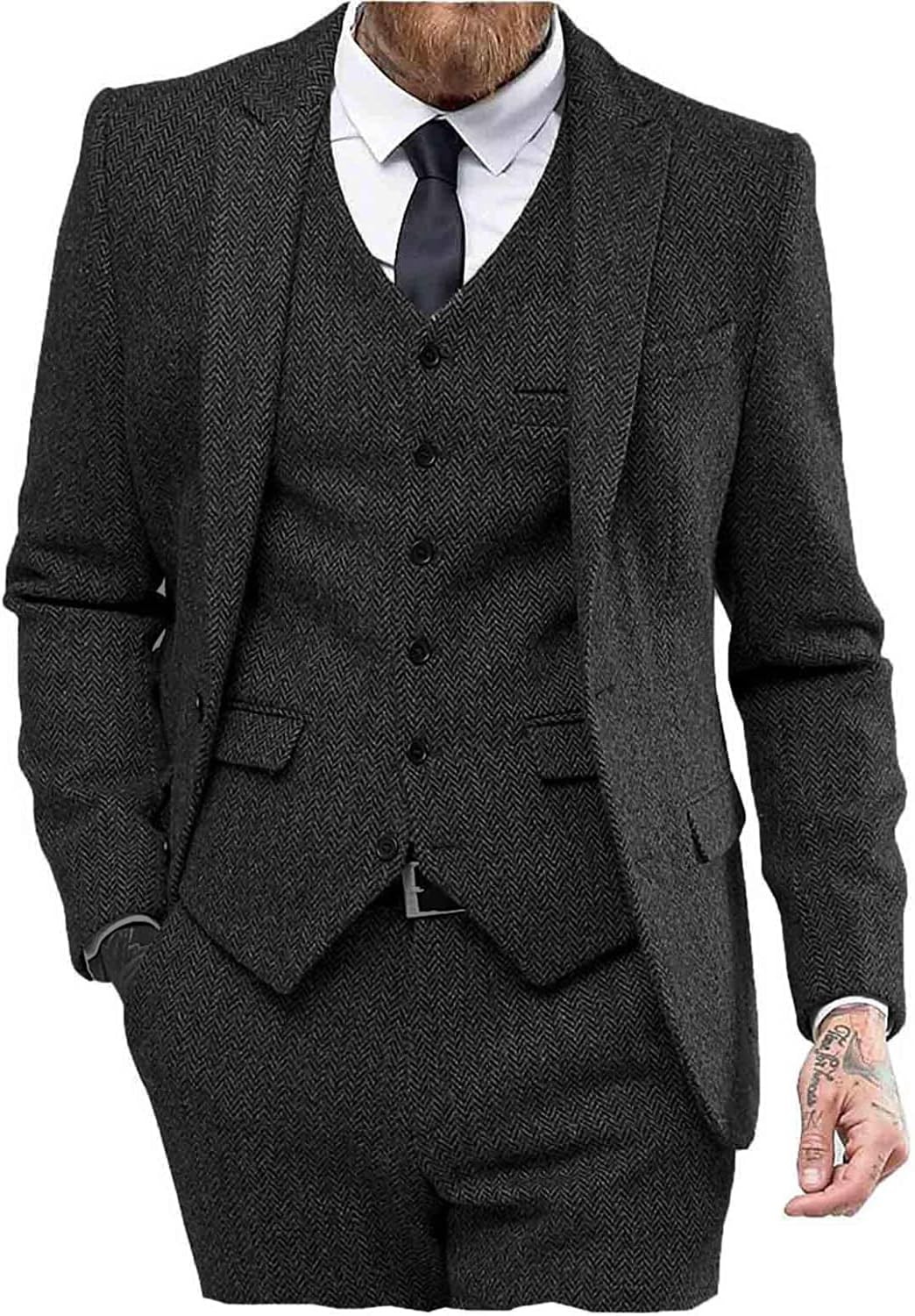 Mens 3Pcs Tweed Suit Retro Vintage British Herringbone Suit Blazer+vest+Pant