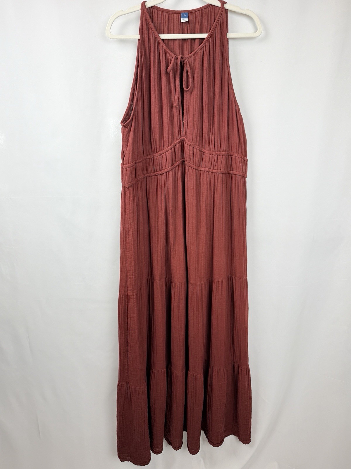 Old Navy Gauze Maxi Dress XL Rust Tiered Boho Sleeveless Tie Neck Cotton