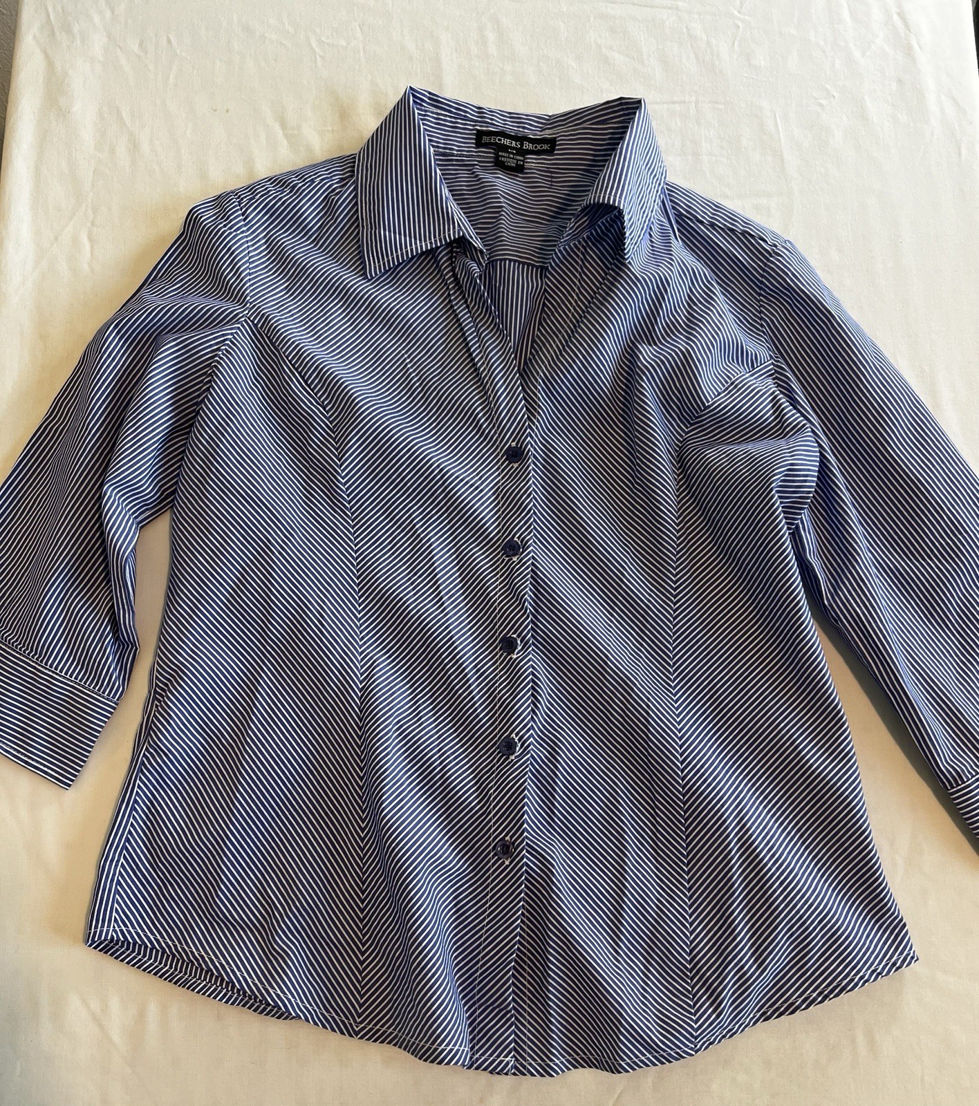 Beechers Brook Womens Blue White Striped Button Down Shirt Size M 3/4 Sleeve