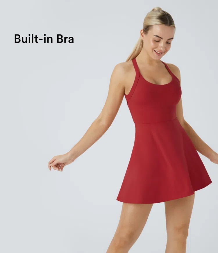 NWT SoftlyZero™ Airy Backless Twisted Flare Dance Active Dress in salsa red M