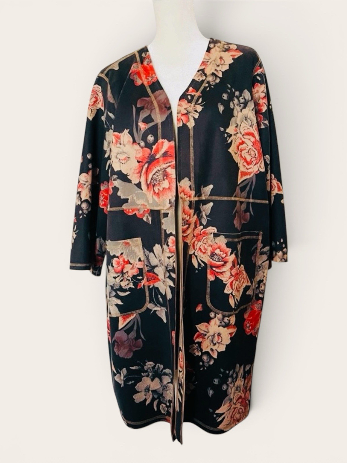 Philosophy Women’s 1X Black Floral Kimono Jacket 3/4 Sleeve Open Front Pockets