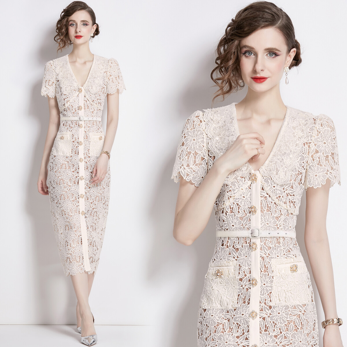 Vintage Floral Embroideried Ruffled V Neck Belt Short Sleeve Women Lace Dresses