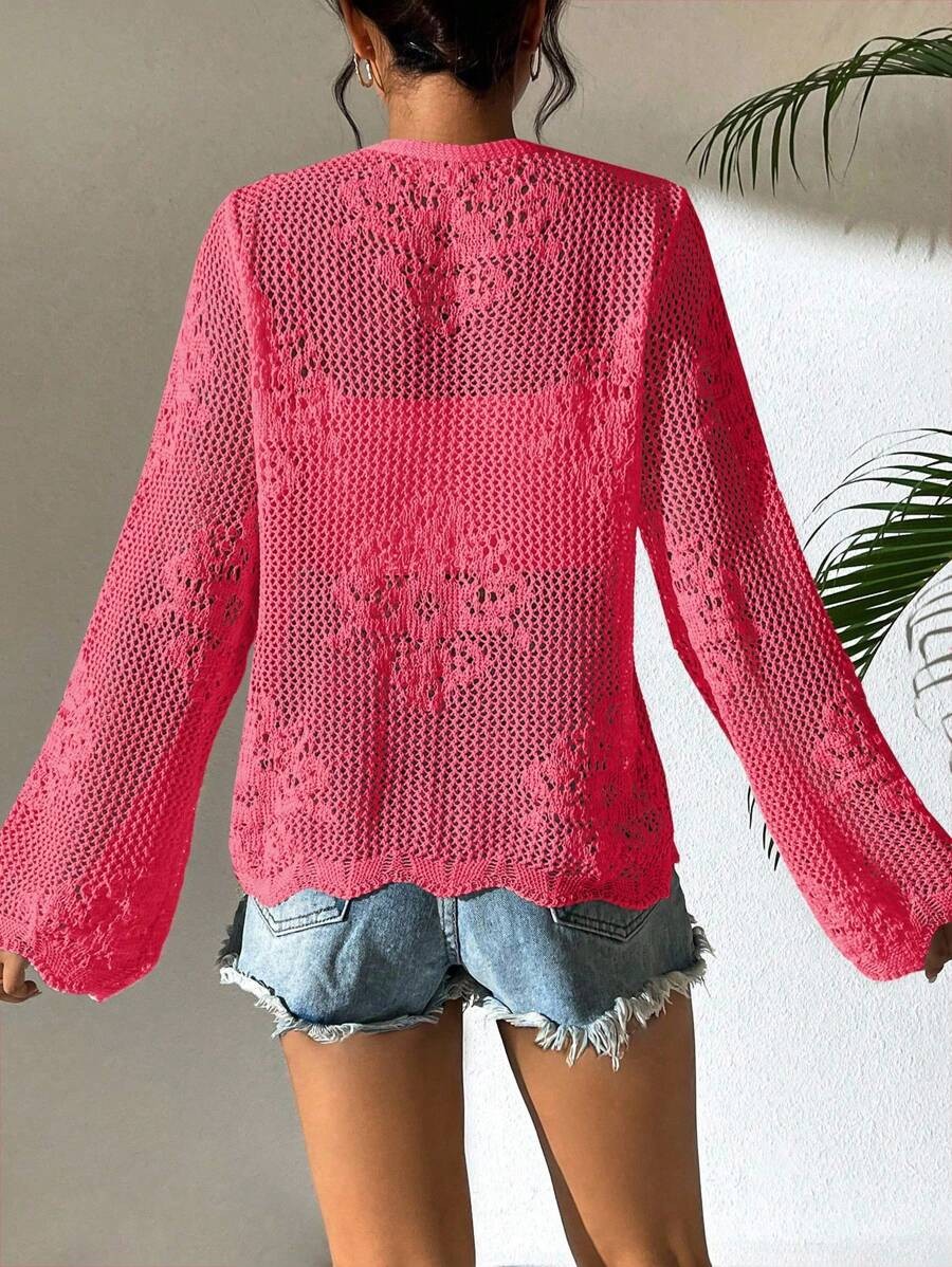 Women’s White Tie Front Cardigan Openwork Crochet Beach Cover Up Sweater