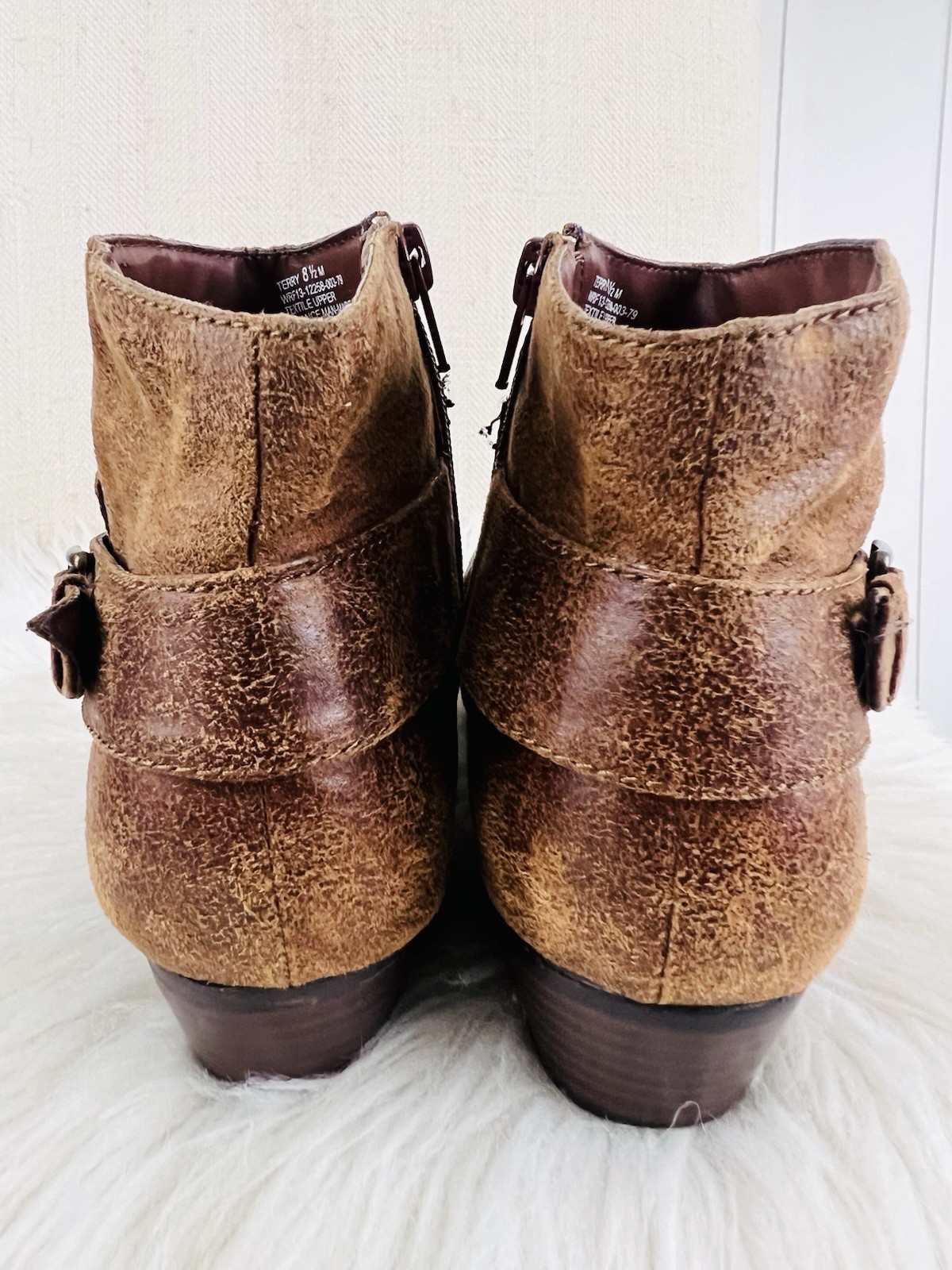 Kim Rogers Terry Brown Ankle Boots Slouched Ruched Buckled Booties 8.5M