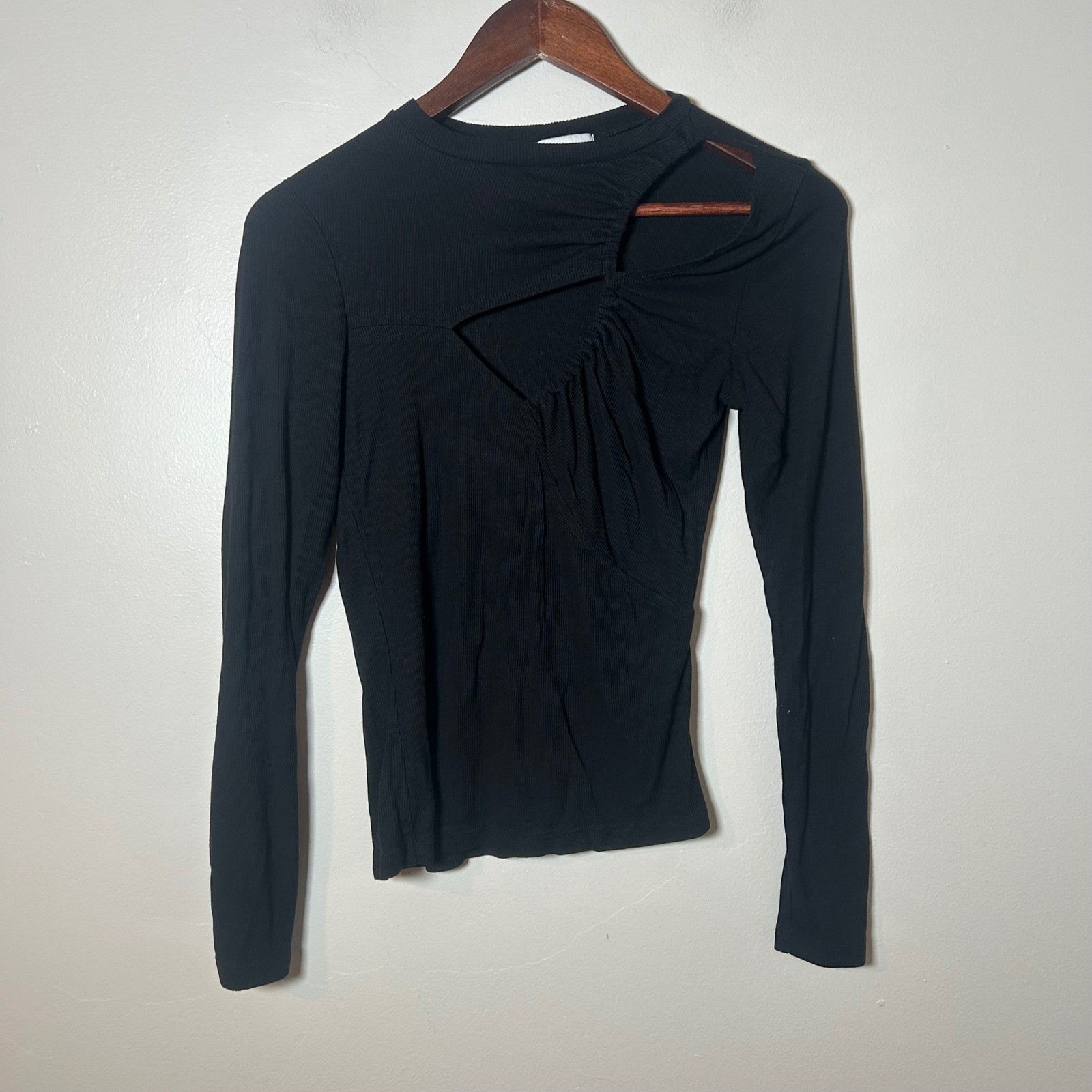 LNA Black Ribbed Ruched Cutout Long Sleeve Top Womens Size Small