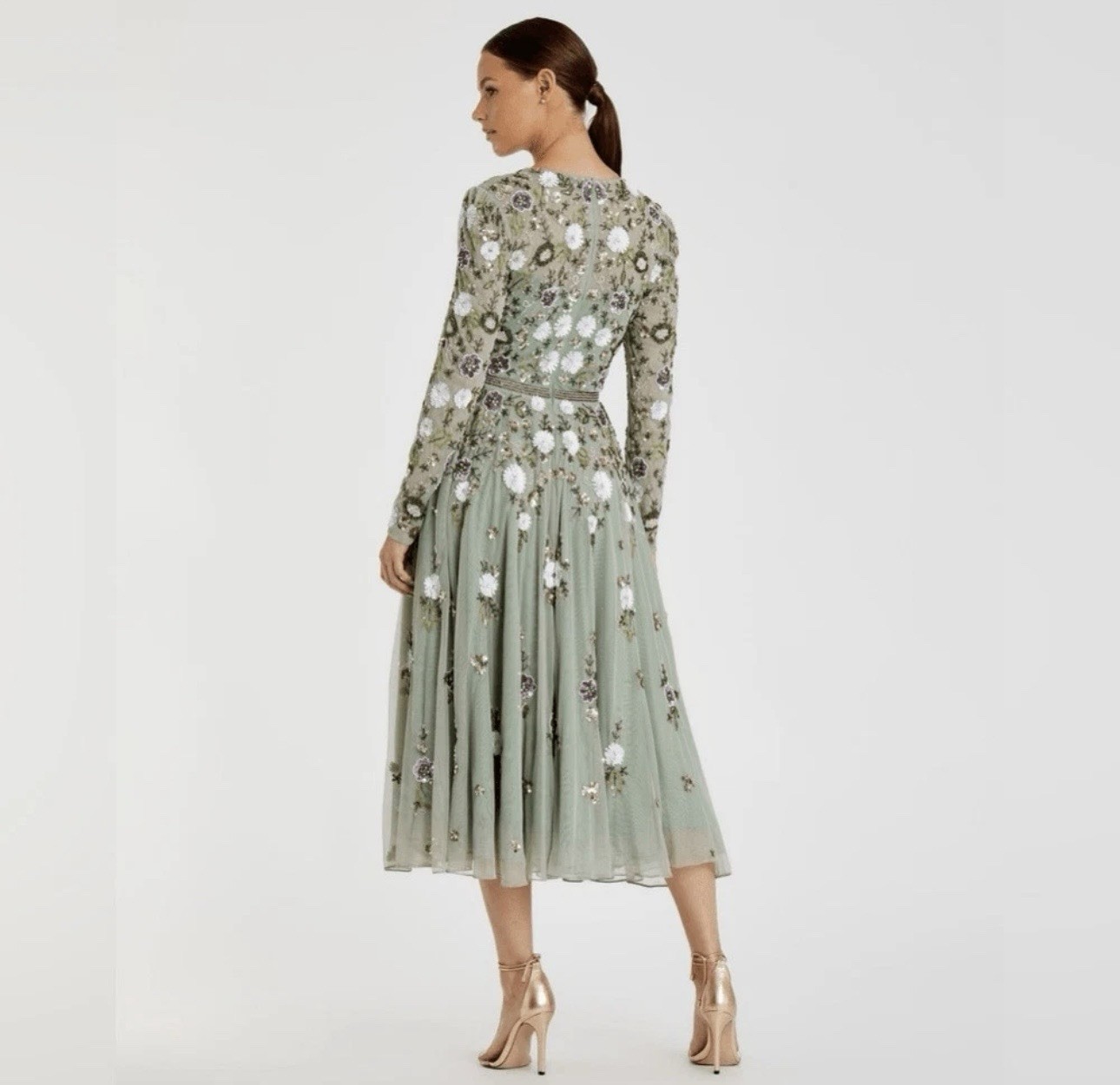 Mac Duggal 5716 Green Floral Sequin Midi Dress Long Sleeve, Size 8