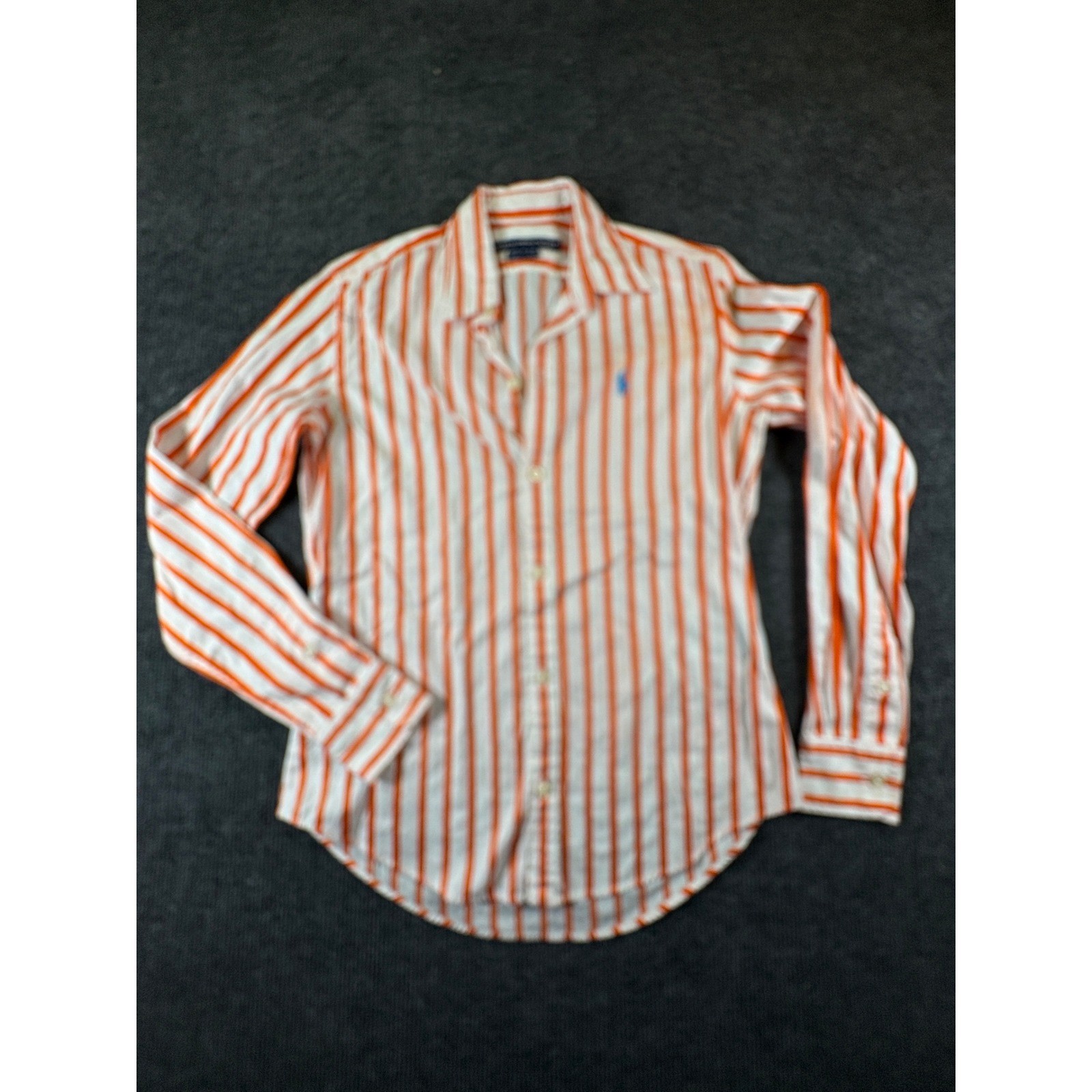 Ralph Lauren Sport Womens 2 Orange White Striped Cotton Button Down Shirt Pony