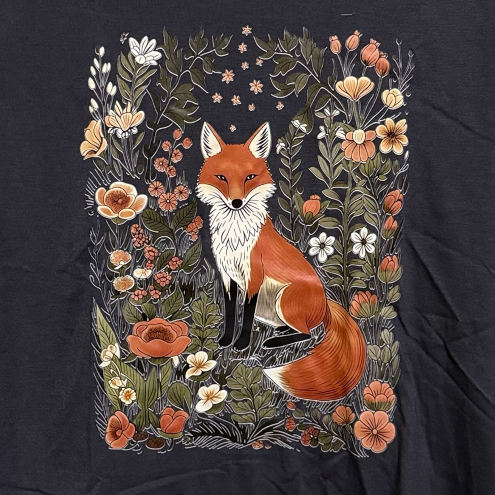 Size Large Fox Sitting In Floral Flower Meadow Custom Graphic Unisex T-Shirt