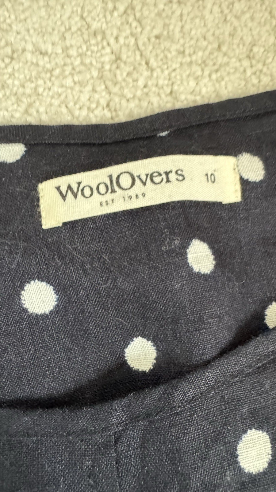 WOOLOVERS 100% LINEN NAVY/WHITE POLKA DOT SLEEVELESS DRESS SIZE 10, POCKETS
