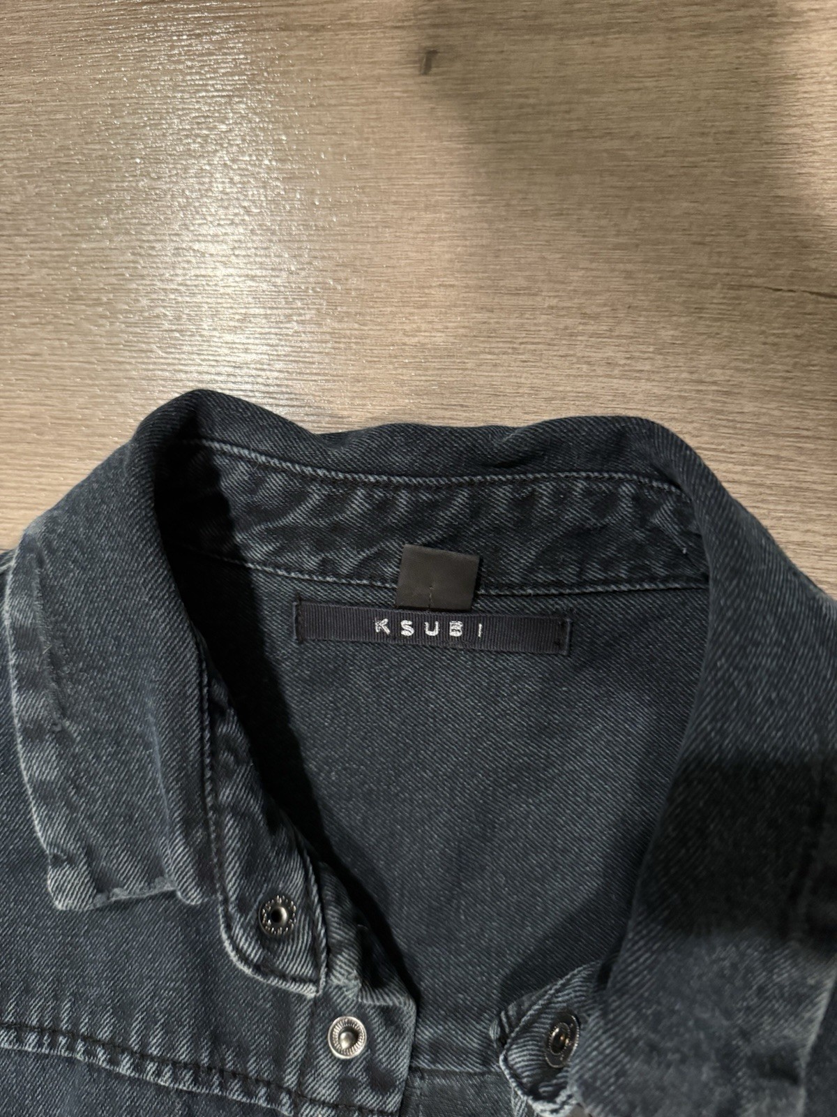 Ksubi Distressed Denim Snap Button Overshirt Washed Black Raw Hem Size M