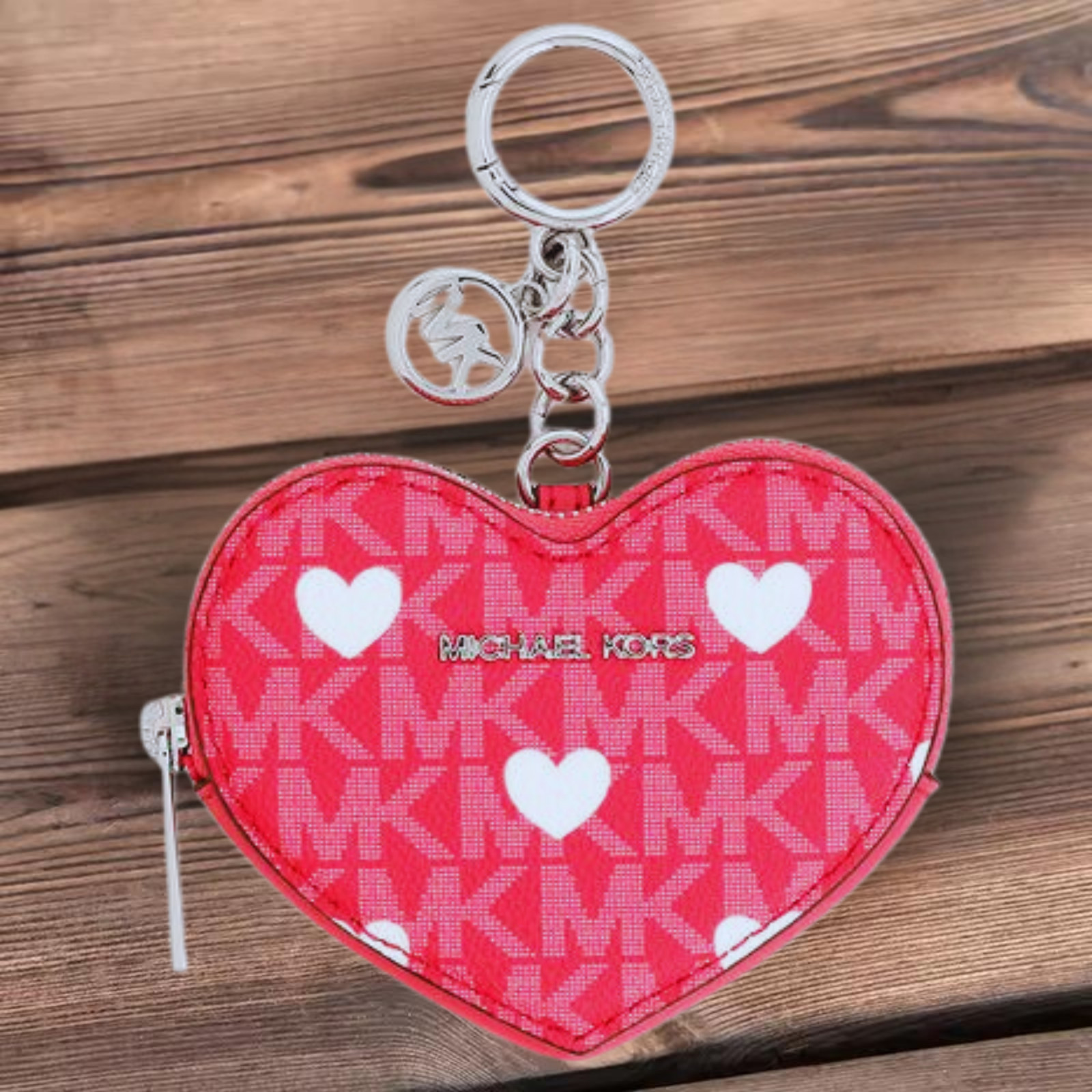 Michael Kors Jet Set Lady Small Printed MK Logo Heart Coin Pouch Ring Fob Wallet
