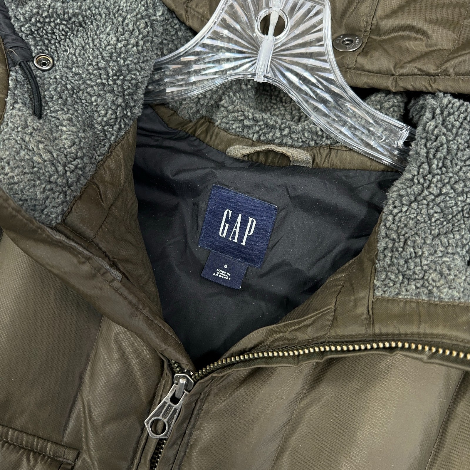 GAP Parka Coat Men Small Olive Green Military Puffer Jacket Down Hood Lined