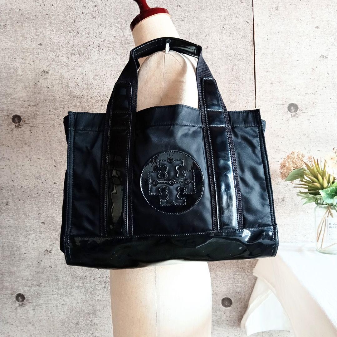 Tory Burch Enamel Nylon Tote Bag Handbag Black Ella