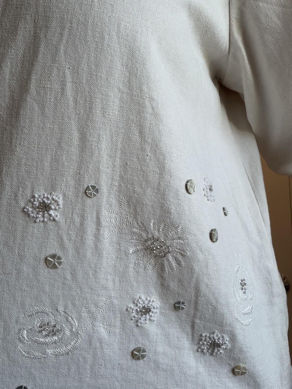Christopher & Banks White Linen Embroidered Collared Button-Up Top XL 3/4