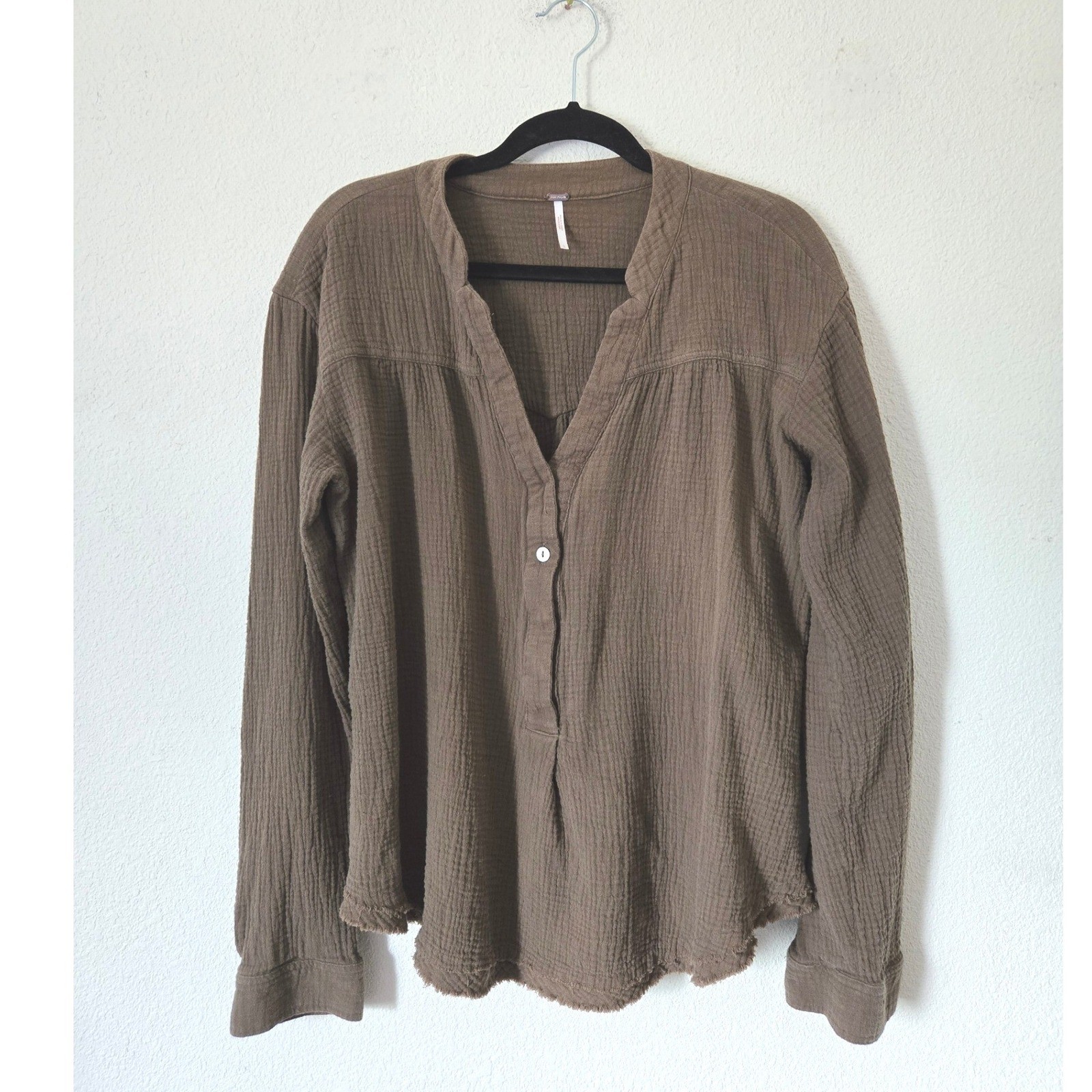 Free People Changing Horizons Crinkle Gauze Top Henley Boho Large