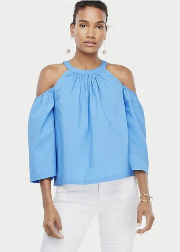 NWT Ann Taylor Poplin Structured Cold Shoulder Top Blouse Vivid Azure Blue XS