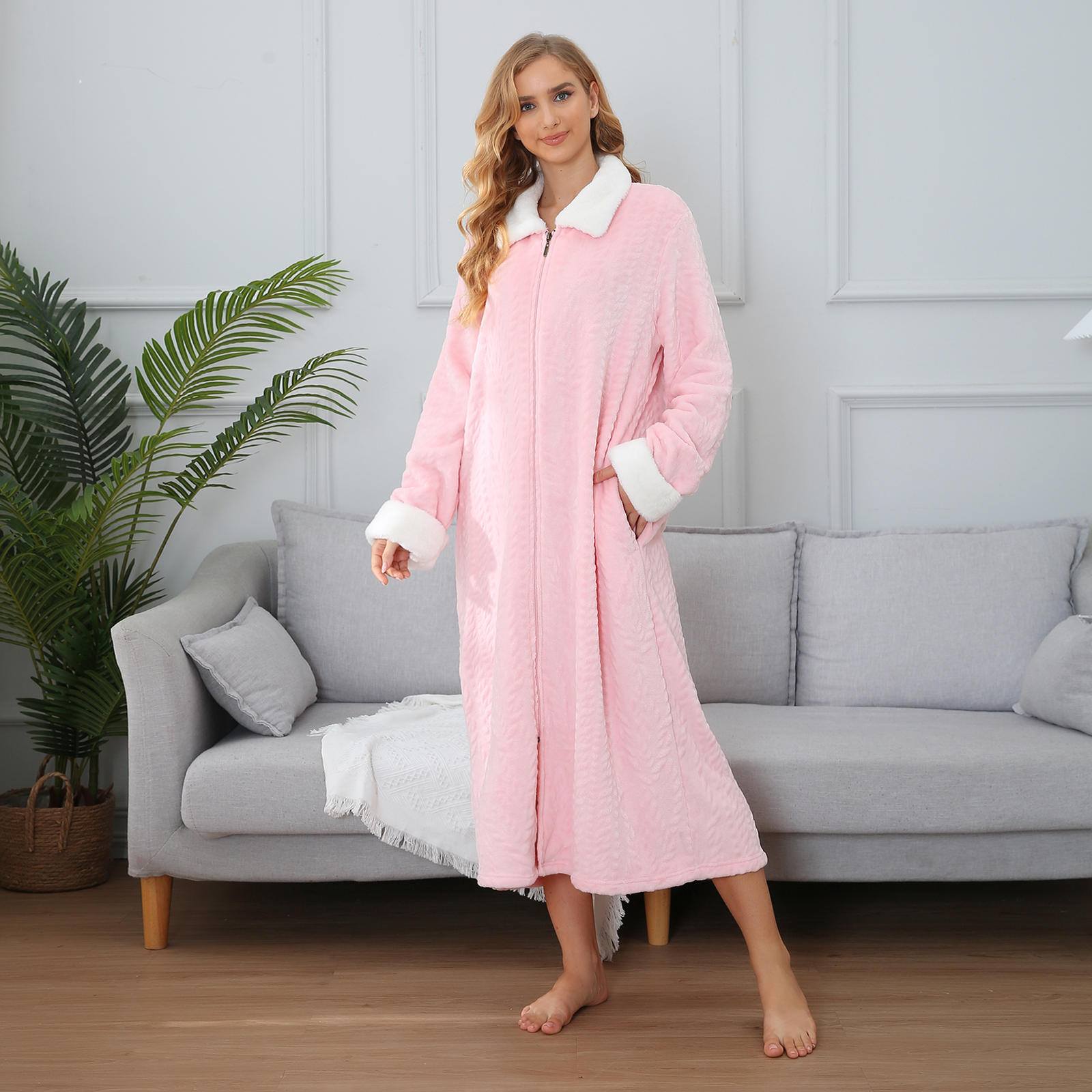 RH Women Fleece Robe Plush Long Zip Front Warm Soft Zippered Bathrobes RHW4047