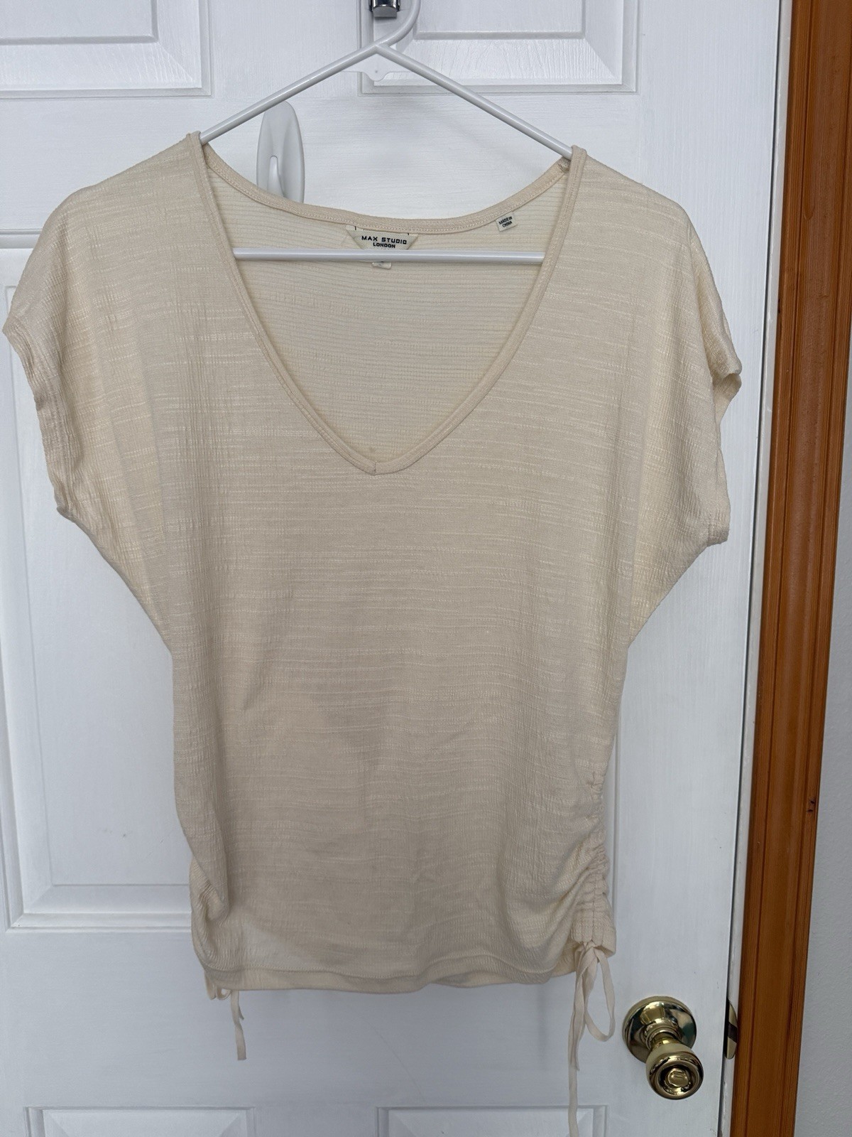 Max Studio London Women’s Side Ruched, V Neck, Cap Sleeved, Knit Top