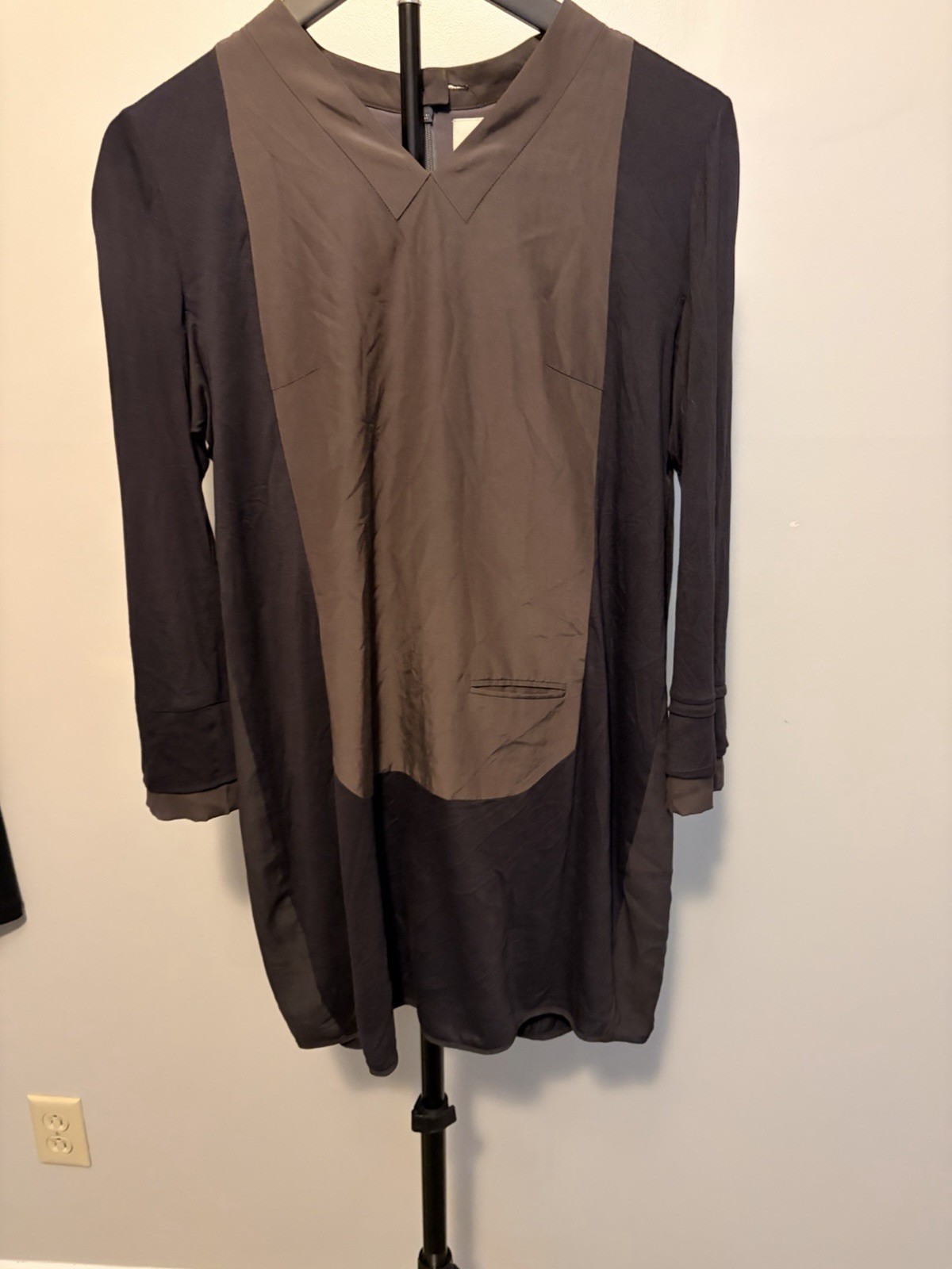 KUHO Women’s Black/Brown Colorblock Wool Blend Dress Round Neck Long Sleeve S