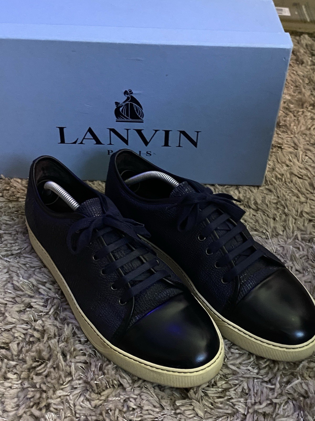 LANVIN Mens DBB1 Navy Embossed Leather Lace Up Sneakers Size UK 10 US 11