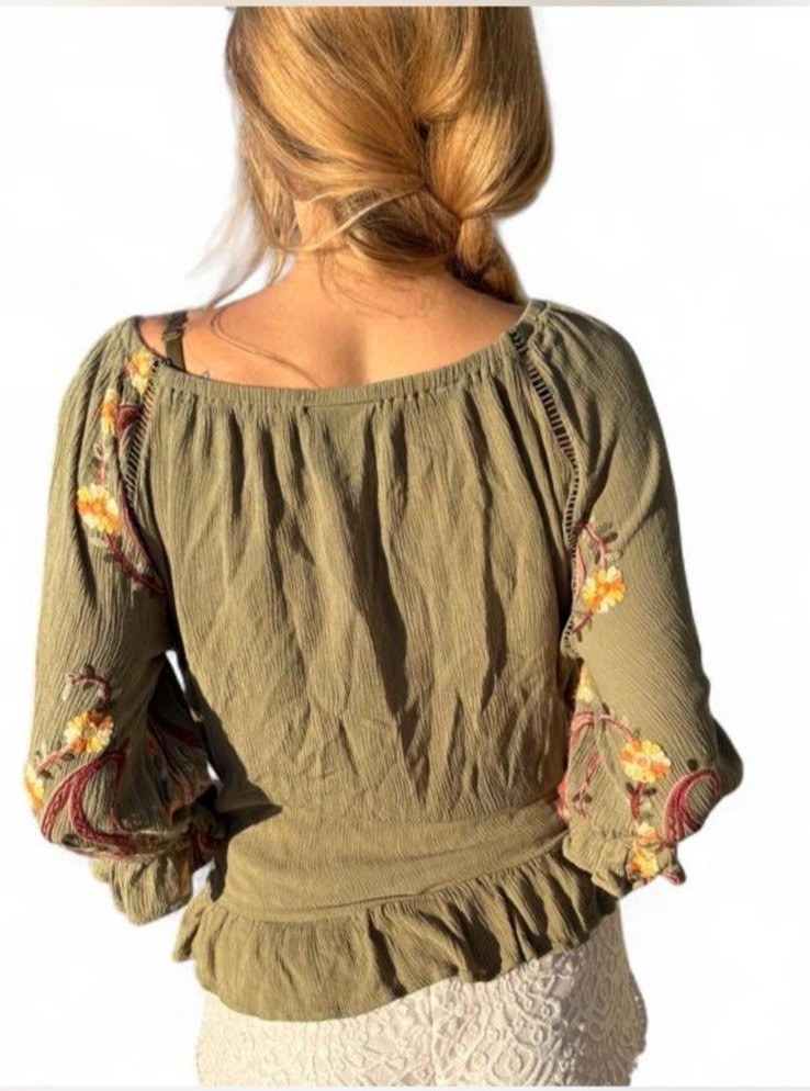 OD Forest Green embroidered Boho Peasant peplum ruffle blouse small