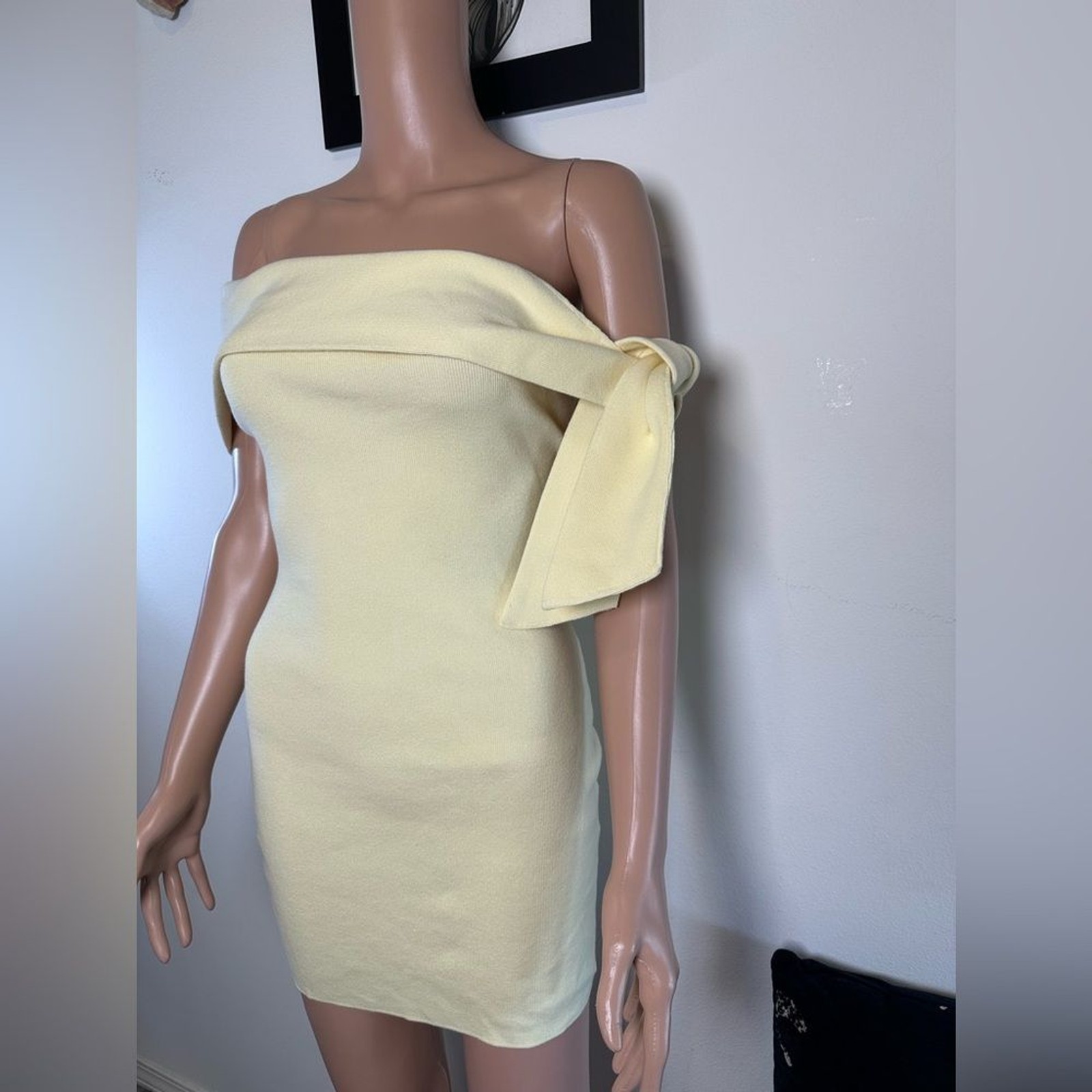 SNDYS Jaymes Mini Dress in Panna Cotta yellow knit off the shoulder bodycon