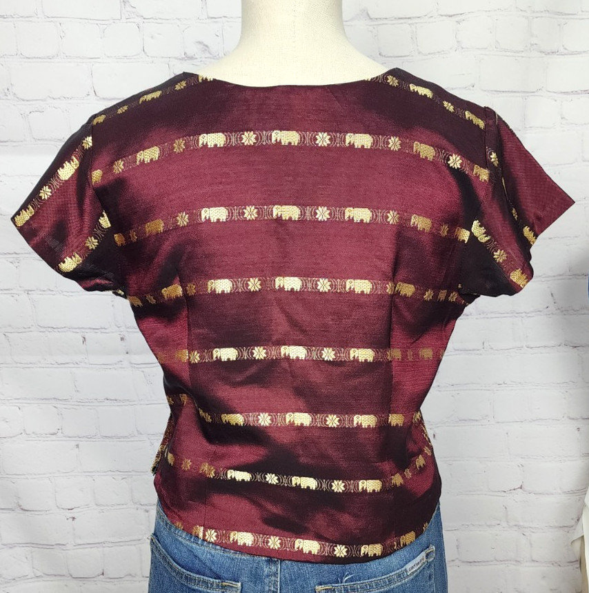 Thai Silk Blouse Top Embroidery Elephants Burgundy Gold Boho Bollywood Tribal L