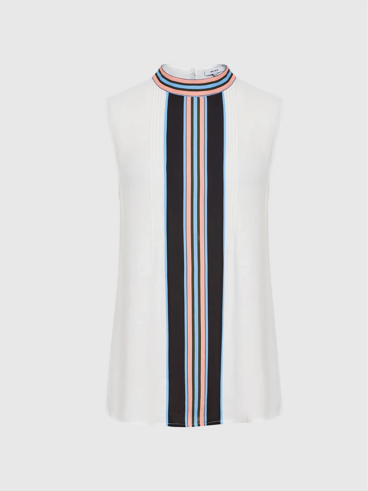 REISS White Blue Black Coral Stripe Pleated High-Neck Sleeveless Tank Top 8 US M