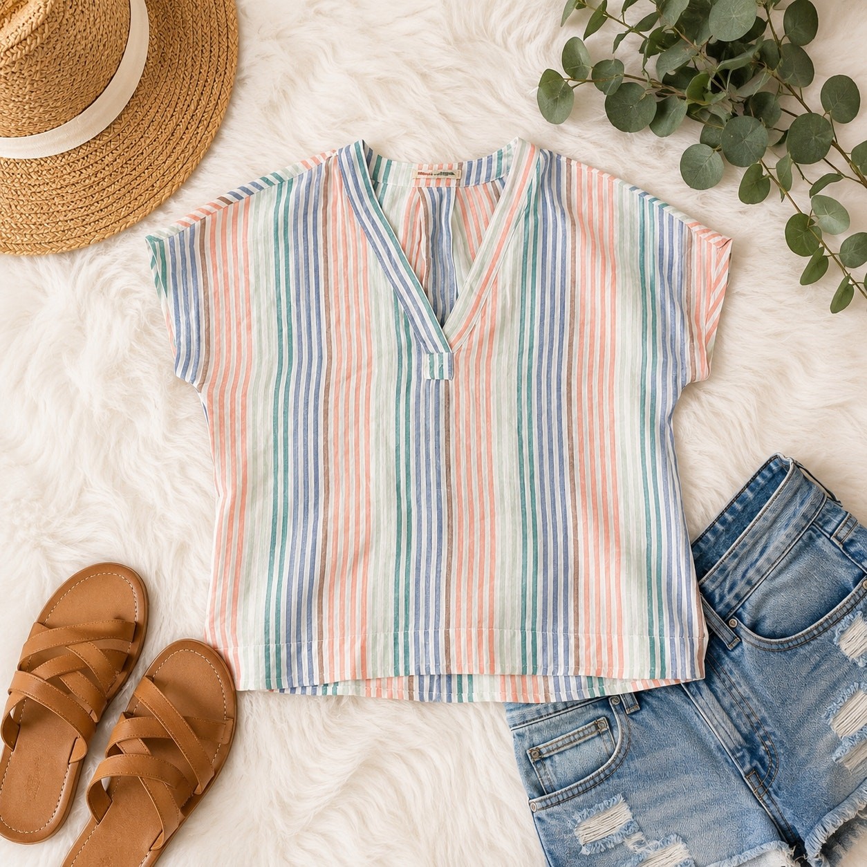 Marine Layer Allison Smocked Stripe Top Pastel Rainbow Linen Blend Small