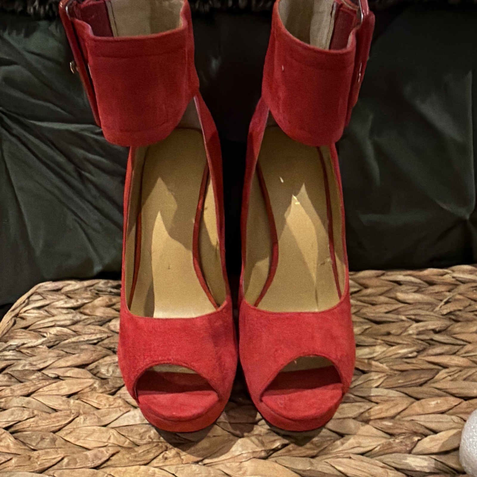 Nine West Women’s Red Suede Platform Peep Toe Ankle Strap Block Heels US 7
