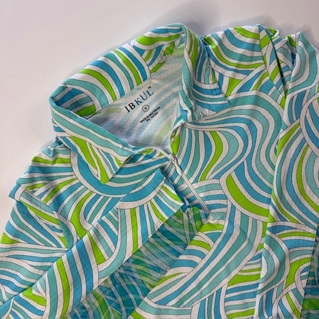IBKUL Top Shirt Small Blue Green Swirl Print 1/4 Zip Sun Mock Neck Golf