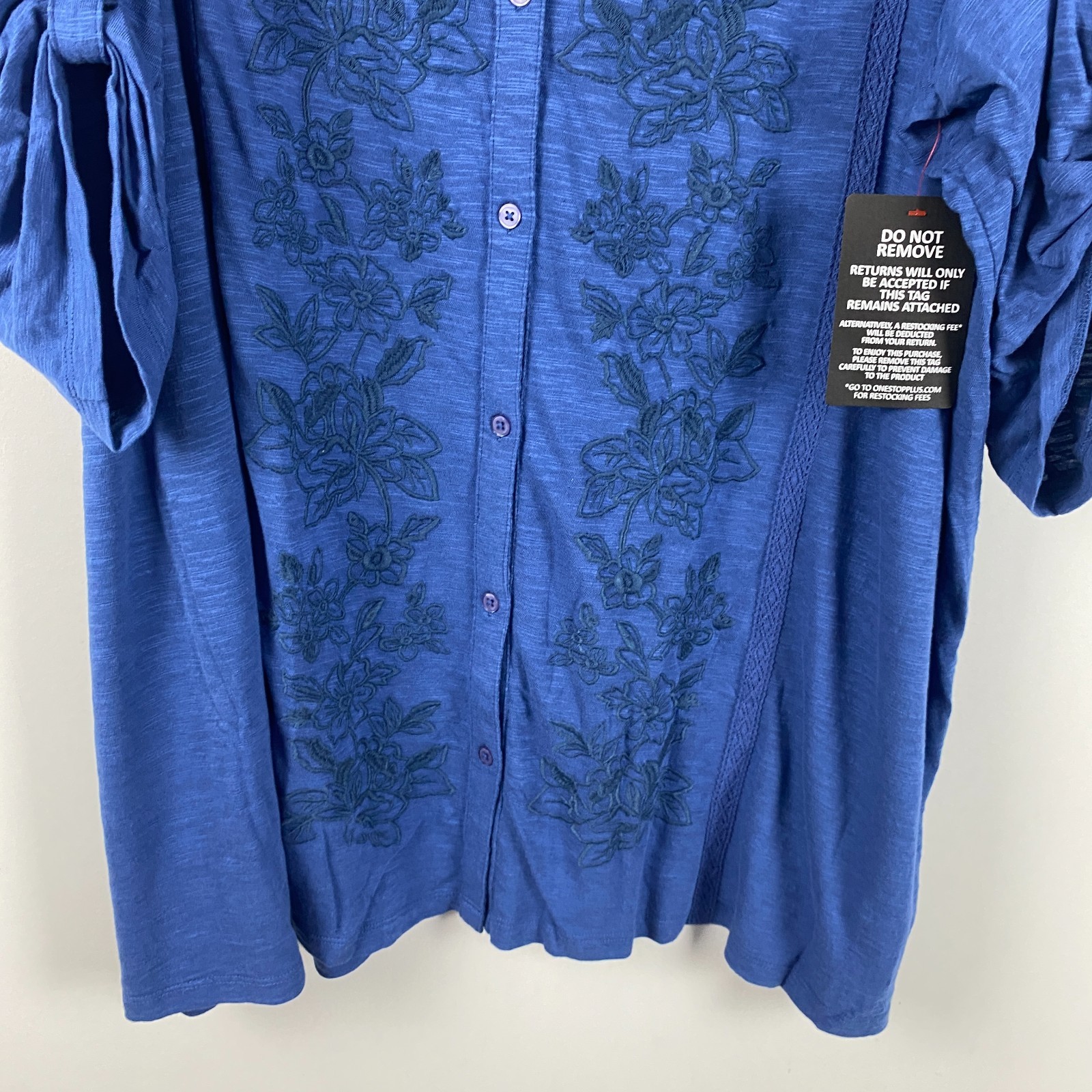 Catherines Embroidered Button Front Tunic Size 5X Blue Floral Cotton Modal
