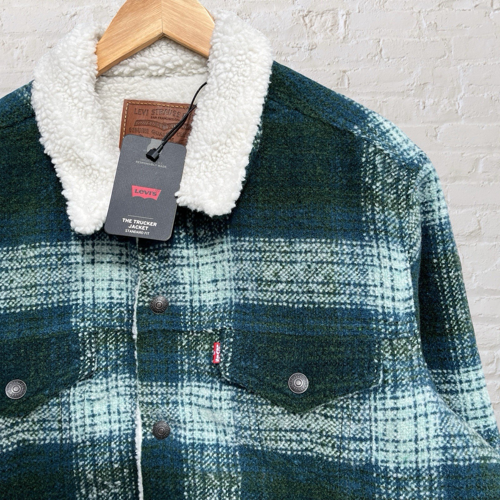 Levi’s Sherpa Lined Trucker Jacket Premium Green Plaid Wool Blend Big E