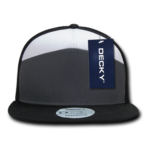 7 Panel Trucker Hat – Black, White, and Gray, 100% Cotton (Decky 1133-CHAWHTBLK)