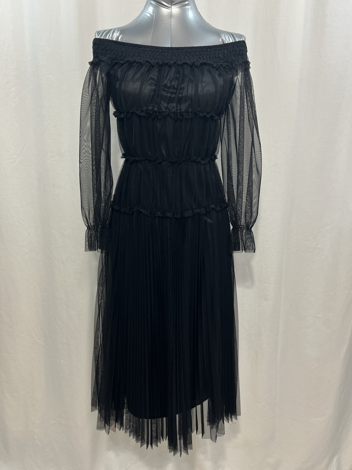 Sheer Off-Shoulder Black Midi Dress with Pleated Skirt wedding party Gothic ￼