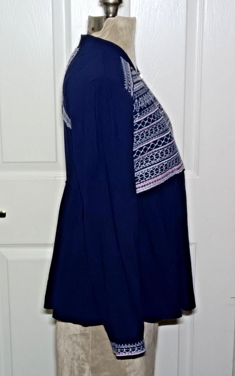 Octavia Zip Front Smocked Shirt Cotton 3/4 Sleeve Swing Peblum Fair Isle Size S