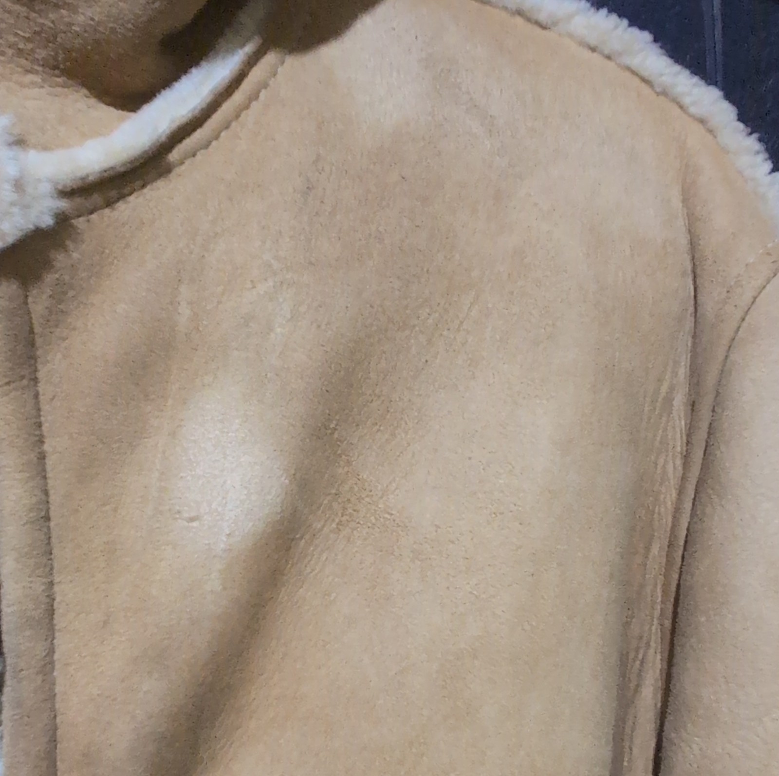 Saks Fifth Avenue Shearling Suede Jacket Fur Trim Buckle Beige Long Sleeve 42