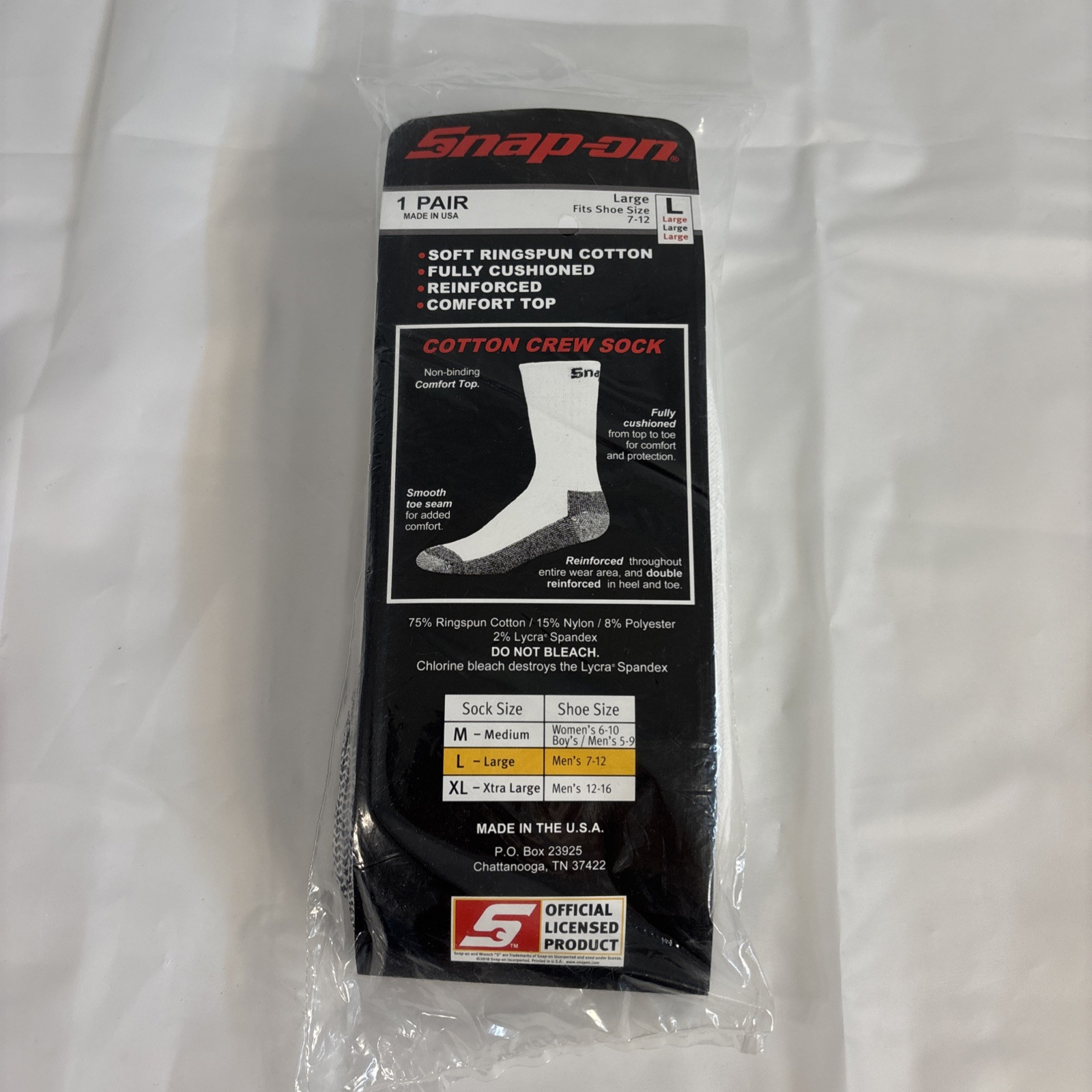 Snap On Cotton Crew Socks Mens Large 7-12 Made In USA 1 Pair
