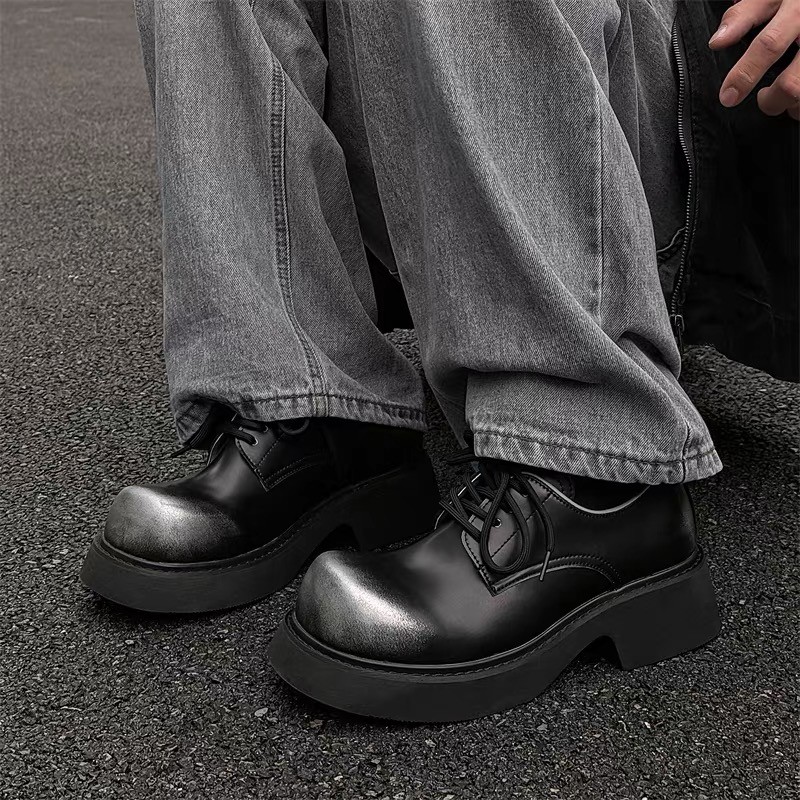 British Men’s Big Round Toe Platform Derby Leather Shoes Formal Extra Wide Foot