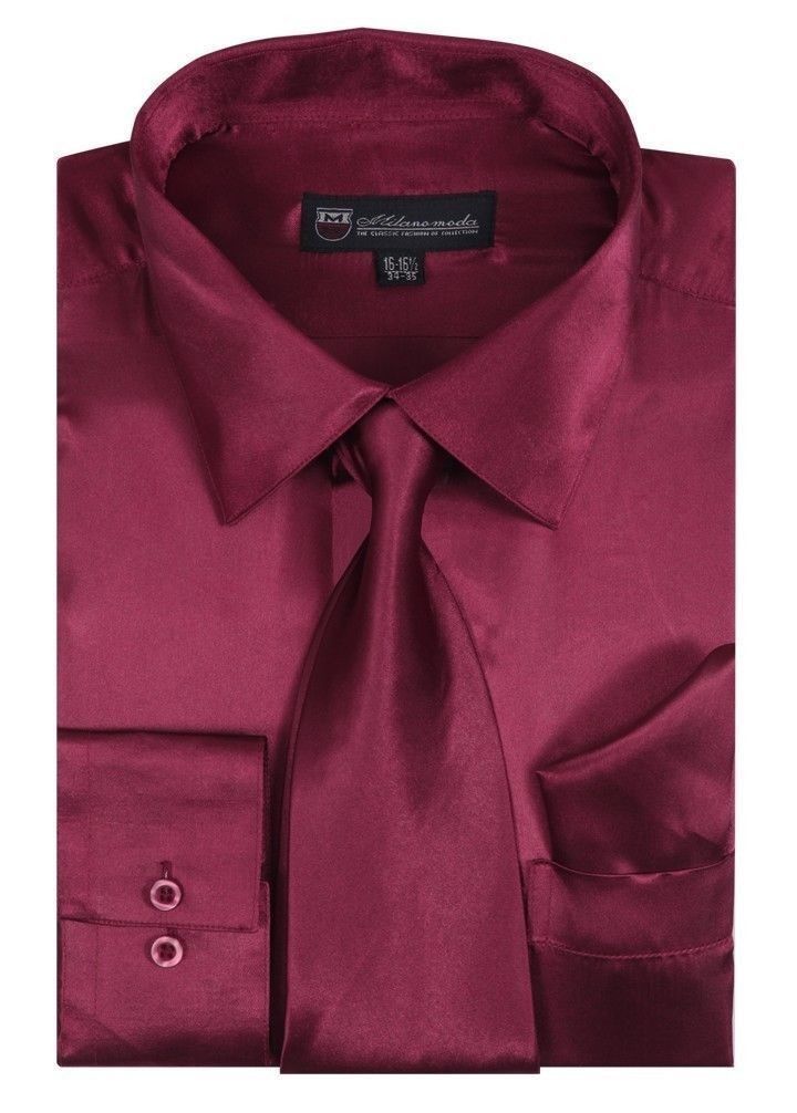 Men’s Shiny Satin Polyester Formal Dress Shirt w/ Tie and Hanky Set #08 Solid